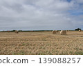 Golden agricultural field with hay bales under cloudy sky showing peaceful rural countryside landscape 139088257