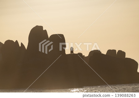 Rocky coastline silhouette at sunset with warm tones and calm sea creating peaceful horizon view 139088263