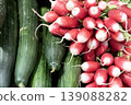 Close up fresh cucumbers and red radishes stacked together showing vibrant healthy organic vegetables 139088282