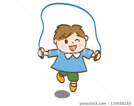 一名幼稚園小男孩在跳繩。 139088288