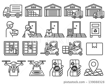 A set of illustrations of various logistics-related icons (line drawings). 139088328