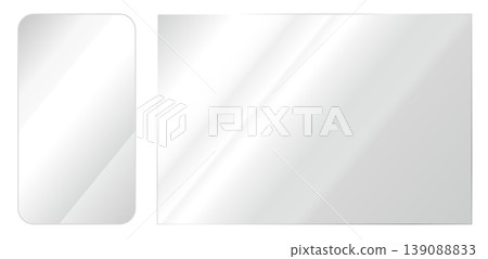 Smartphone and laptop screens. Reflective glass, windows, and displays. 139088833