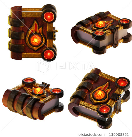 Game Asset. Fire magic book. Isolated on transparent background. 3D illustration. High resolution 139088861