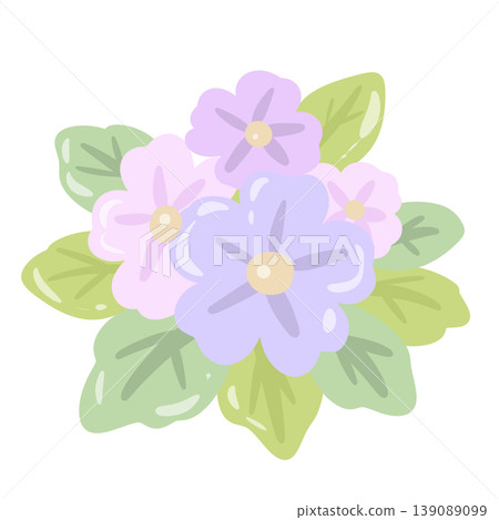 Soft Pastel Purple And Pink Flower Bouquet With Green Leaves Cute Spring Floral Arrangement Botanical Garden Clipart Illustration Soft Pastel Purple And Pink Flower Bouquet With Green Leaves Cute Spring Floral Arrangement Botanical Garden Clipart Illustration 139089099