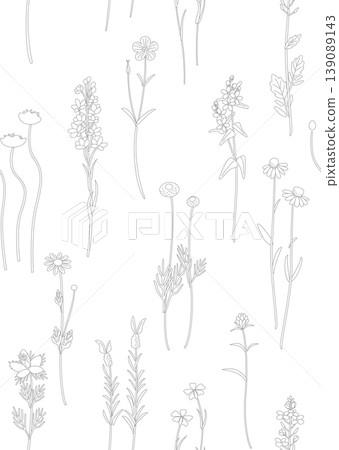 由各種自然、簡單的花卉植物組成的無縫圖案。 由各種自然、簡單的花卉植物組成的無縫圖案。 139089143