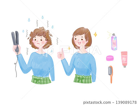 由於潮濕天氣，一位女士用直板夾拉直了毛躁的頭髮。 139089178