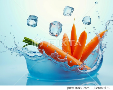 Carrots splash into water with ice cubes in a bright setting and create ripples 139089180