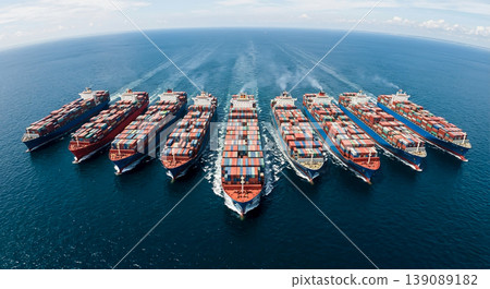 Large fleet of cargo ships sailing in formation across the ocean under a clear sky 139089182
