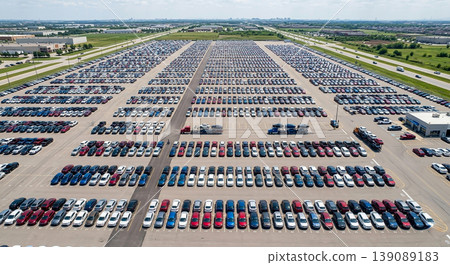 Many cars parked in a large lot near a highway on a sunny day with clear sky 139089183
