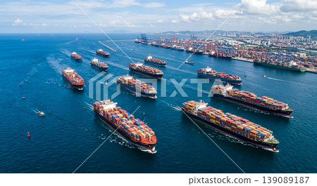 Large container ships navigate busy port with many vessels in clear blue water during daylight hours in a coastal city Large container ships navigate busy port with many vessels in clear blue water during daylight hours in a coastal city 139089187