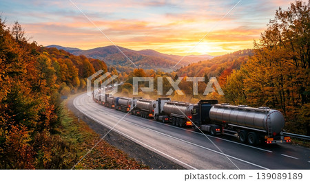 Trucks drive along a winding road through trees with autumn colors at sunset 139089189