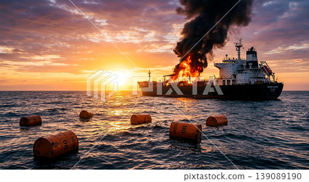 Fire on a cargo ship near the horizon during sunset with floating barrels in the water Fire on a cargo ship near the horizon during sunset with floating barrels in the water 139089190