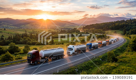 Trucks driving on a highway during sunset with mountains in the background Trucks driving on a highway during sunset with mountains in the background 139089191