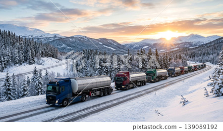 Trucks travel on a snowy road through hills at sunset with trees in the background near a mountain range 139089192