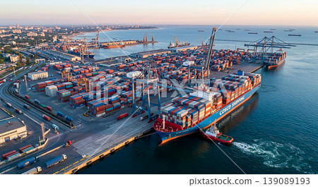 Container ship docks at cargo terminal in busy port during early morning hours in coastal city Container ship docks at cargo terminal in busy port during early morning hours in coastal city 139089193