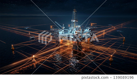 Oil rig in the ocean with network of lights and equipment at night 139089196