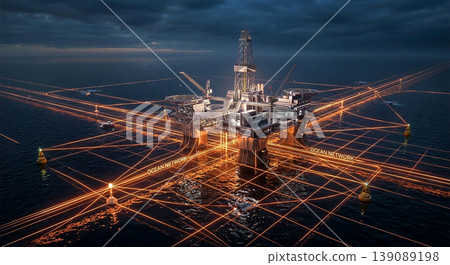 Oil platform in ocean with network connections at dusk with multiple vessels around Oil platform in ocean with network connections at dusk with multiple vessels around 139089198