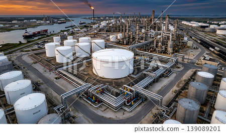 Oil refinery with storage tanks and shipping activities at sunset near a river Oil refinery with storage tanks and shipping activities at sunset near a river 139089201