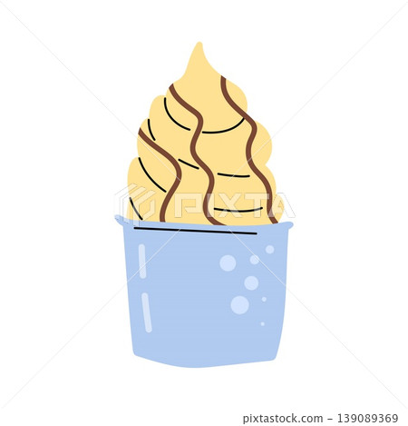 Vanilla ice cream in a blue cup with chocolate sauce drizzle 139089369