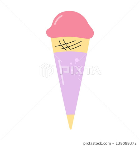 Pink ice cream scoop in a purple waffle cone flat illustration Pink ice cream scoop in a purple waffle cone flat illustration 139089372