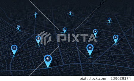 Location EV charging station location mark on gps navigation map a lot with fast supercharger station. Path turns and destination tag or mark. Huge city top view. Tracking path and route. vector Location EV charging station location mark on gps navigation map a lot with fast supercharger station. Path turns and destination tag or mark. Huge city top view. Tracking path and route. vector 139089374