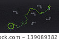 Location tracks dashboard. Navigation for obtaining data on distance, turns of the path. Path from the point to the intended goal, several types of transport to the arrival point. Vector, illustration 139089382