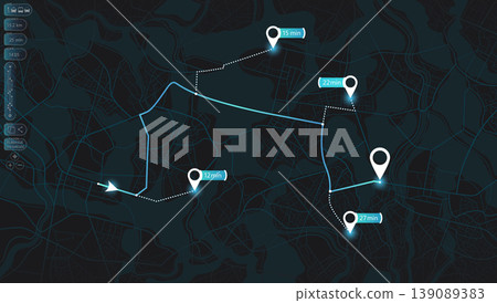 Dark city map showing delivery paths and time estimates. Vector illustration. Dark city map showing delivery paths and time estimates. Vector illustration. 139089383