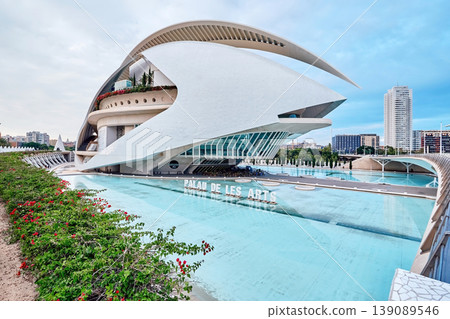 VALENCIA, SPAIN - OCTOBER 17, 2021: Panoramic view of Queen Sofia Palace of the Arts in city of arts and sciences in Valencia created by architect Santiago Calatrava VALENCIA, SPAIN - OCTOBER 17, 2021: Panoramic view of Queen Sofia Palace of the Arts in city of arts and sciences in Valencia created by architect Santiago Calatrava 139089546