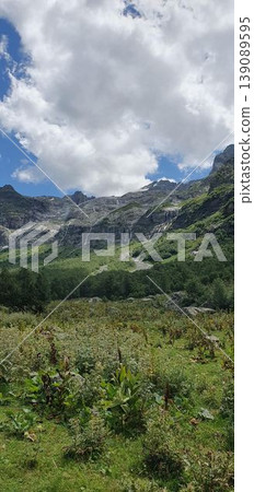 Phone photo of the Sofia Waterfalls in summer in the Caucasus Mountains. Scenic alpine landscape showing cascading water, greenery, and bright mountain daylight. 139089595