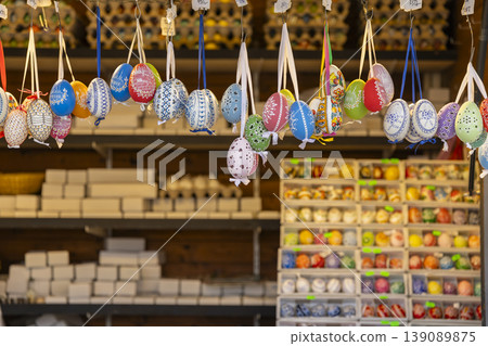 Decorated Easter eggs hanging at Prague Easter market Decorated Easter eggs hanging at Prague Easter market 139089875