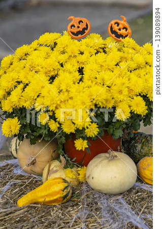 Autumn Halloween decoration with yellow chrysanthemums, pumpkins, and gourds Autumn Halloween decoration with yellow chrysanthemums, pumpkins, and gourds 139089894