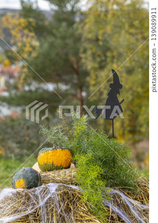 Halloween decoration with witch silhoutte, pumpkins, hay bale Halloween decoration with witch silhoutte, pumpkins, hay bale 139089911