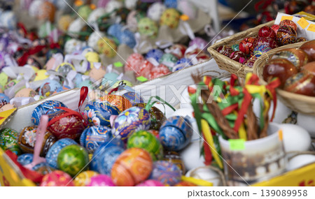 Colourful Easter eggs and traditional pomlazka at Prague market Colourful Easter eggs and traditional pomlazka at Prague market 139089958