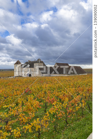 Chateau de Clos de Vougeot with autumn vineyards in Bourgogne 139090002