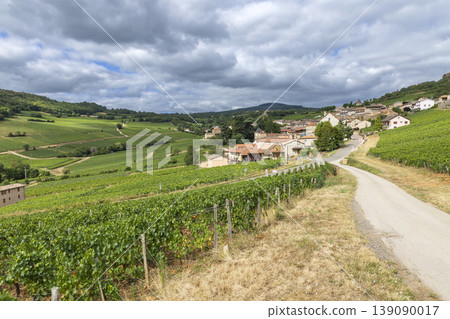Burgundy village among vineyards and rolling hills in France Burgundy village among vineyards and rolling hills in France 139090017