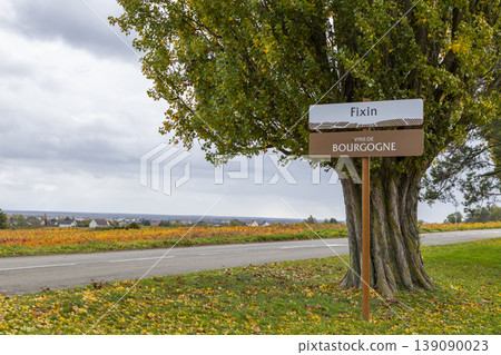 Fixin VINS DE BOURGOGNE sign, autumn vineyards along Route des Grands Crus Fixin VINS DE BOURGOGNE sign, autumn vineyards along Route des Grands Crus 139090023