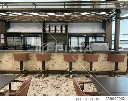Empty bar counter with brown stools and kegs, suitable for background Empty bar counter with brown stools and kegs, suitable for background 139090062