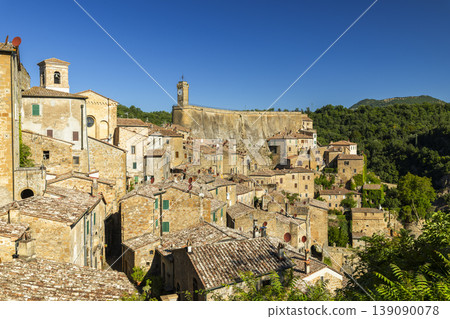 Sorano town view of historic tufa rock architecture 139090078