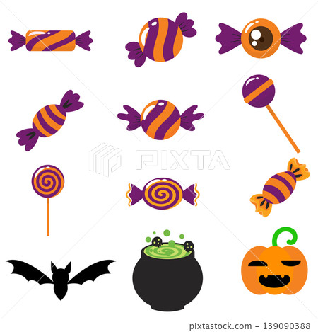 Halloween candy bundle vector set isolated on white with pumpkin bat and witch cauldron flat design Halloween candy bundle vector set isolated on white with pumpkin bat and witch cauldron flat design 139090388