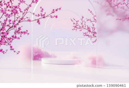 3D rendering of natural beauty podium backdrop with pink cherry blossom branches and dreamy cloud. 3D rendering of natural beauty podium backdrop with pink cherry blossom branches and dreamy cloud. 139090461