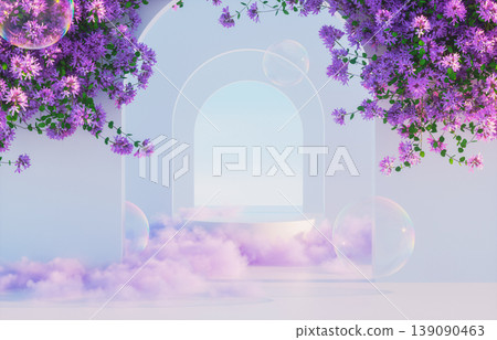 3D rendering of natural beauty podium backdrop with purple flower and dreamy clouds scene. 3D rendering of natural beauty podium backdrop with purple flower and dreamy clouds scene. 139090463