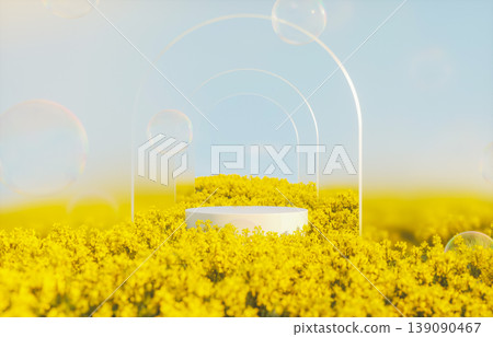 3D rendering of natural beauty podium backdrop with spring yellow flower field. 3D rendering of natural beauty podium backdrop with spring yellow flower field. 139090467