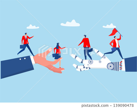 Business people walk on robot hand to progress the gap.artificial intelligence help close the skill gap to success Business people walk on robot hand to progress the gap.artificial intelligence help close the skill gap to success 139090478