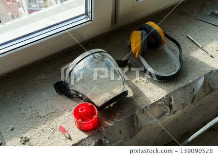 Construction tools rest quietly while an electrician plans new wiring Construction tools rest quietly while an electrician plans new wiring 139090528