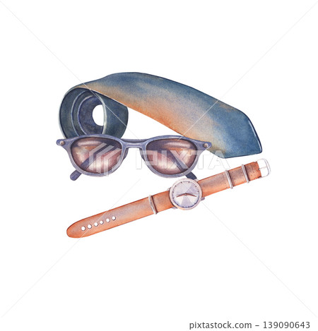 Hand-painted watercolor illustration of men accessories: twisted tie, sunglasses, wristwatch, isolated on white background. Perfect for fashion branding, ads, editorials, packaging, lifestyle design Hand-painted watercolor illustration of men accessories: twisted tie, sunglasses, wristwatch, isolated on white background. Perfect for fashion branding, ads, editorials, packaging, lifestyle design 139090643