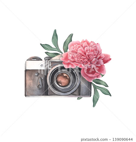 Hand-painted watercolor composition with camera, blooming peony with bud and leaves, isolated on white. Perfect for travel mood, photography blogs, printing, music covers, branding, posters, packaging Hand-painted watercolor composition with camera, blooming peony with bud and leaves, isolated on white. Perfect for travel mood, photography blogs, printing, music covers, branding, posters, packaging 139090644