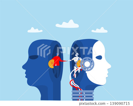 A robot and a businessperson shake hands on open minded head Open minded collaboration to success, understanding mindset, thinking cooperation to win together A robot and a businessperson shake hands on open minded head Open minded collaboration to success, understanding mindset, thinking cooperation to win together 139090715