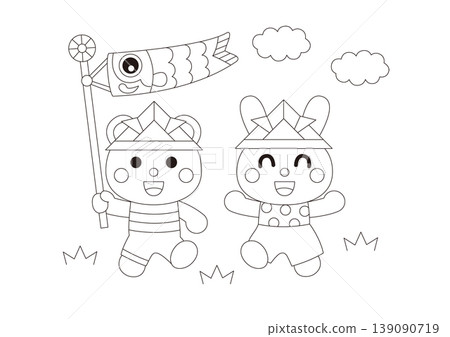 Children's Day: Carp streamers, bear cub, and rabbit - line art illustration coloring page Children's Day: Carp streamers, bear cub, and rabbit - line art illustration coloring page 139090719