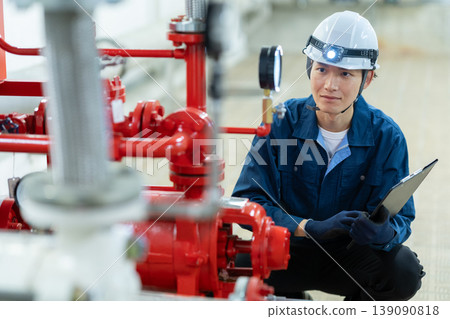 A male engineer performing building maintenance. Filming assistance provided by: Denpa Gakuen Educational Foundation, Tokyo Electronics College. 139090818