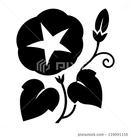 牽牛花、葉子和藤蔓輪廓圖示。夏季日式植物圖案，單色極簡設計。 139091150